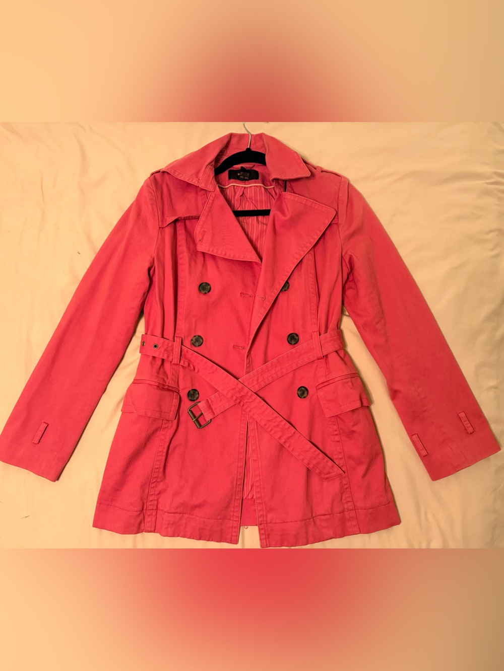 Express Double-Breasted Coral-Pink Trench Coat with Belt